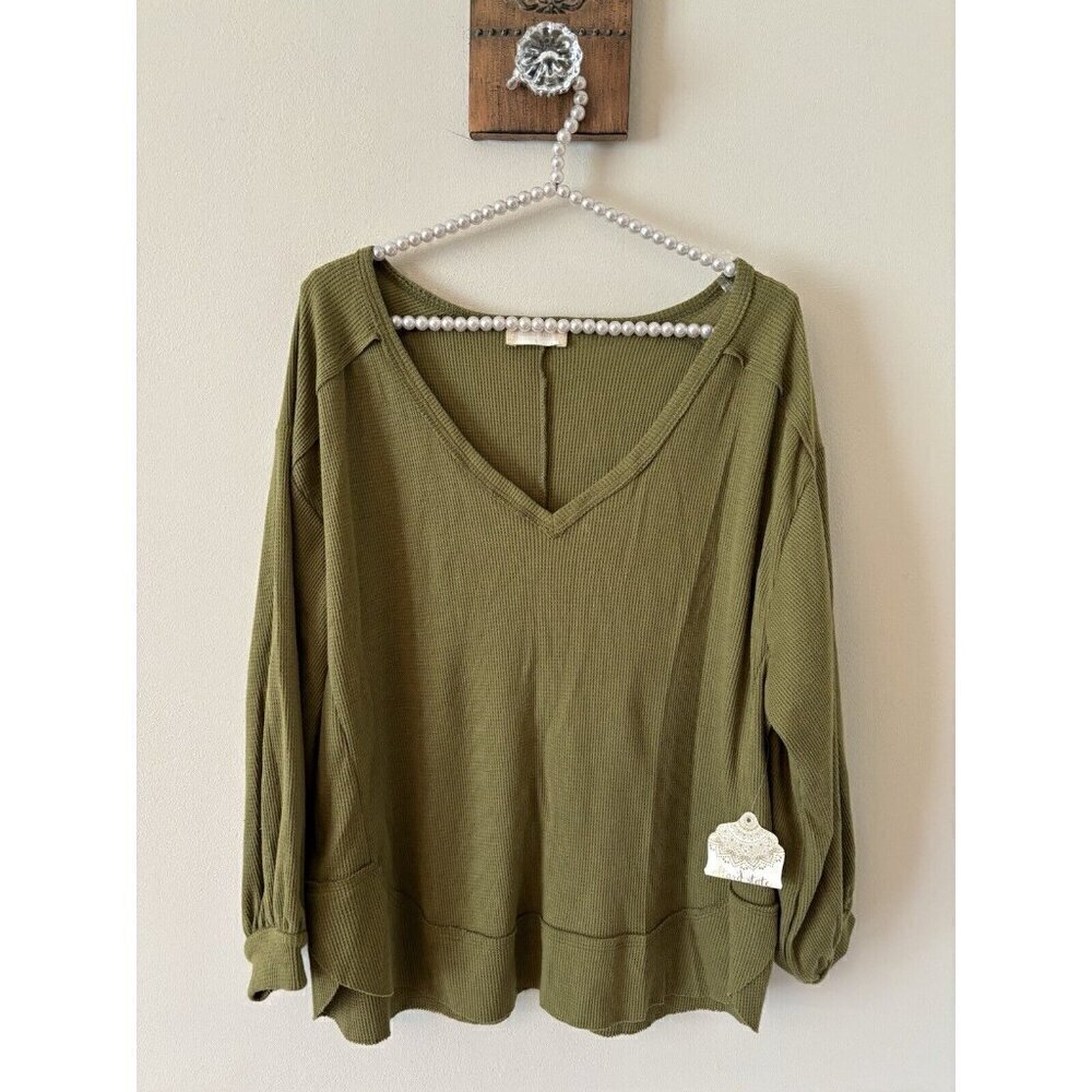 NWT Altar’d State Womens Size S Green Waffle Knit Top Slouchy Oversized
